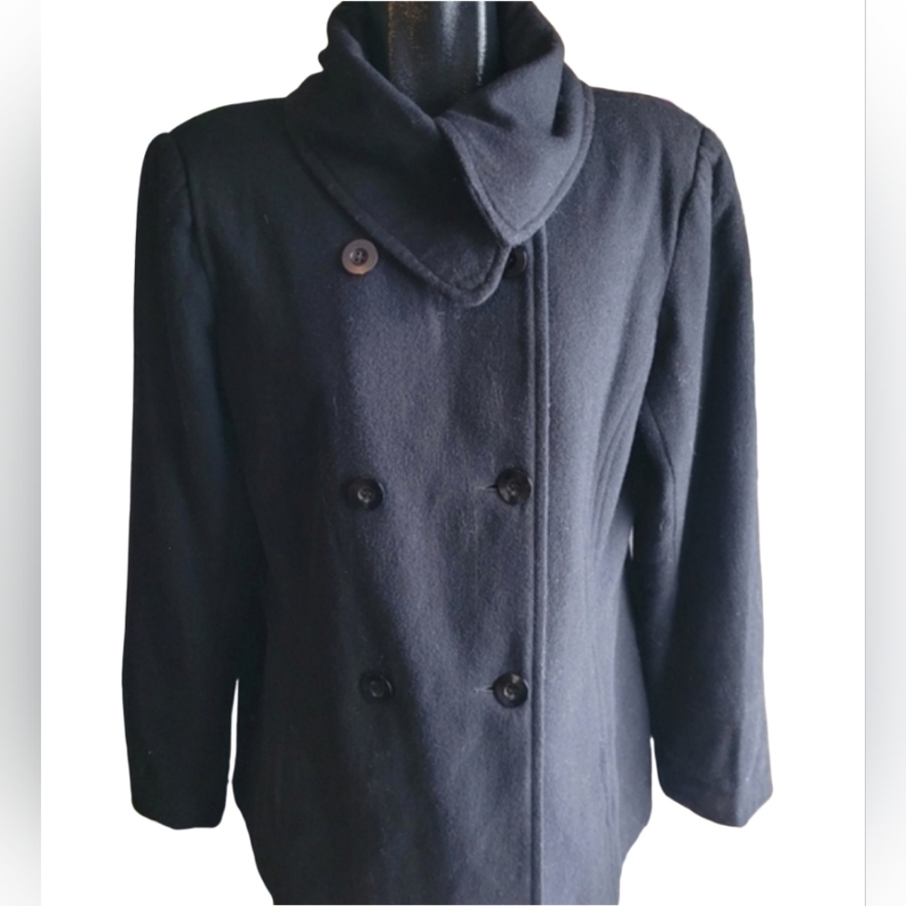 Tower by London Fog Black Wool Blend Mid Length Pea Coat L